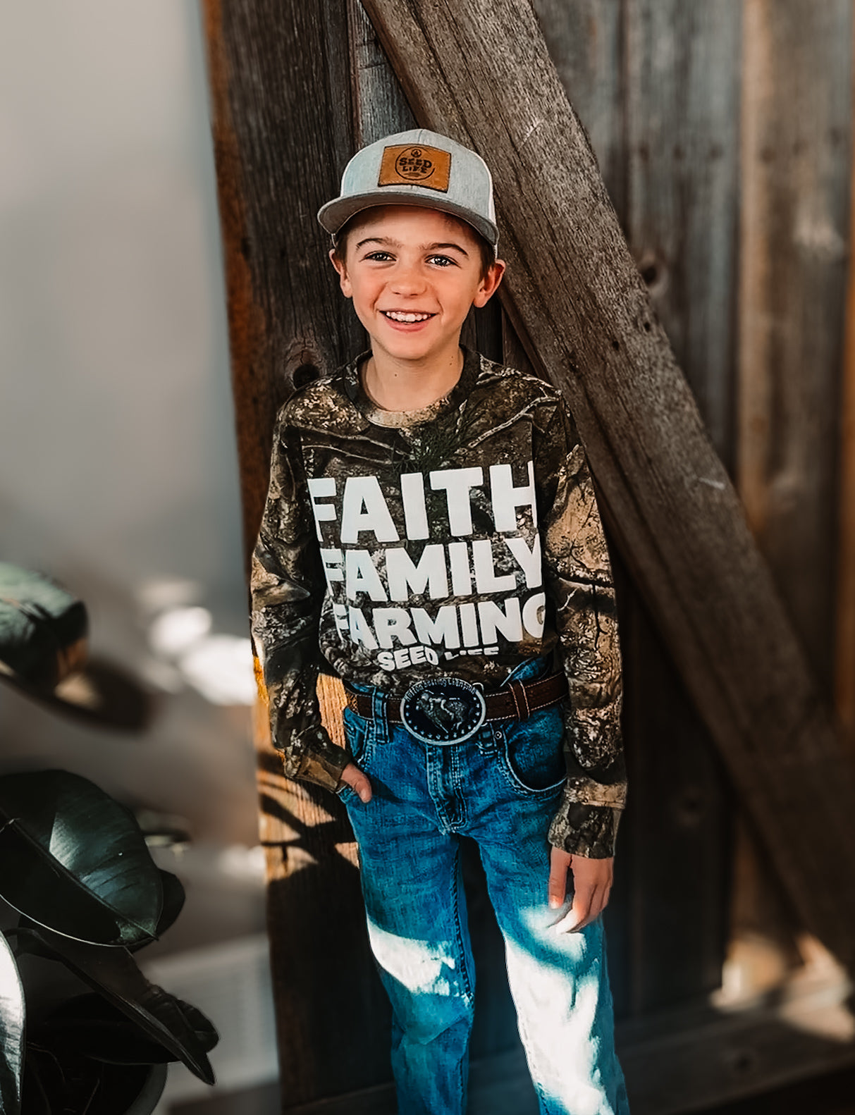 Camo Faith, Family, Farming Kids Long Sleeve